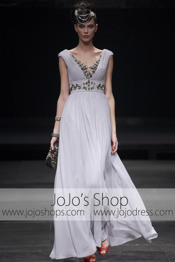 Grecian V neck low back formal evening dress