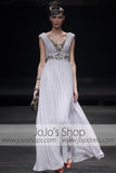 Grecian V neck low back formal evening dress
