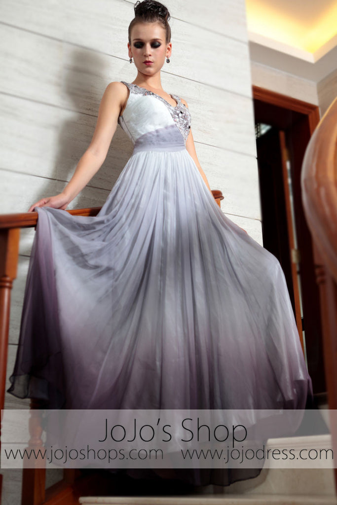 Grecian V Neck Gray Jeweled Prom Evening Formal Dress DQ830868