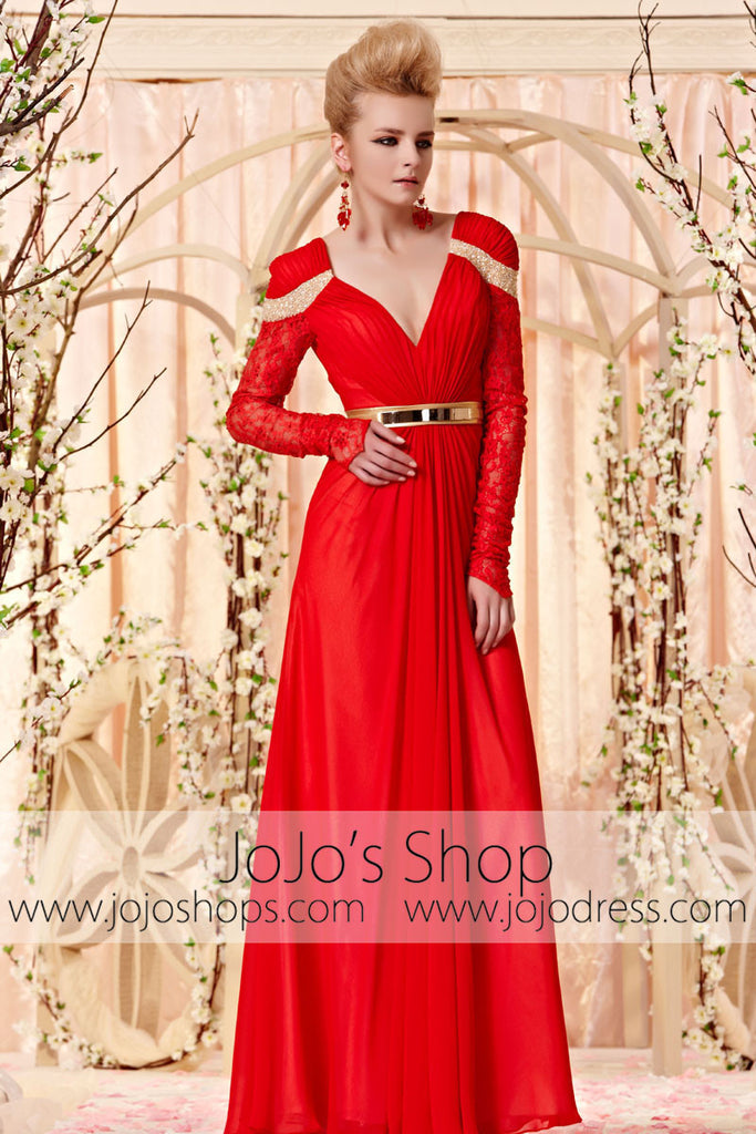 Long Sleeves Red and Gold Year End Party Dress