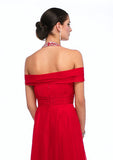 Chiffon Halter Red Off Shoulder Prom Formal Evening Dress HB141A