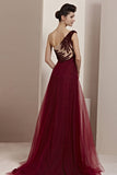 Grecian Asymmetric One Shoulder Burgundy Prom Formal Evening Dress CX830111