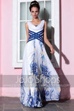 Blue and White V Neck Prom Formal Evening Gown DQ830791