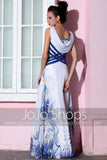 Blue and White V Neck Prom Formal Evening Gown DQ830791