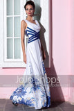 Blue and White V Neck Prom Formal Evening Gown DQ830791