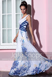 Blue and White V Neck Prom Formal Evening Gown DQ830791