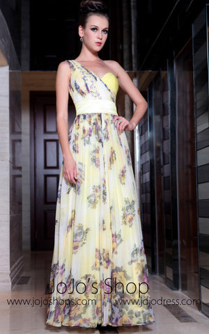 Yellow Multicolor Grecian One Shoulder Evening Dress Medium