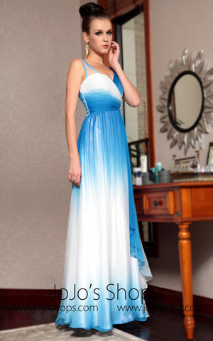 Grecian Blue and White V Neck Prom Formal Evening Dress