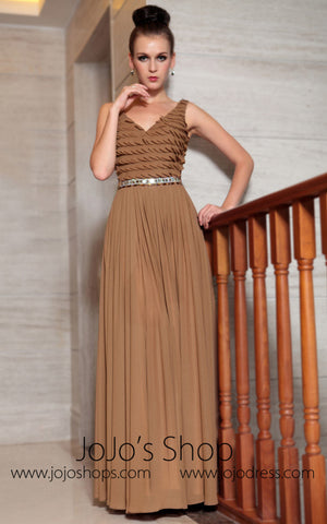 Brown V Neck Evening Dress