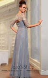 Gray Mid Sleeves Modest Evening Dress Back