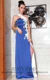 White and Blue Side Slit Sleek Prom Evening Dress