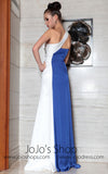 White and Blue Side Slit Sleek Prom Evening Dress Back