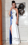 White and Blue Side Slit Sleek Prom Evening Dress