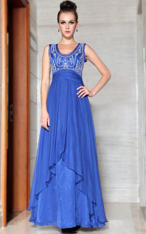 Blue Emboridered Scoop Neck Elegant Prom Evening Formal Dress DQ830875