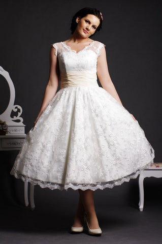 Retro 50s Tea Length Lace Wedding Dress with Cap Sleeves DV2058