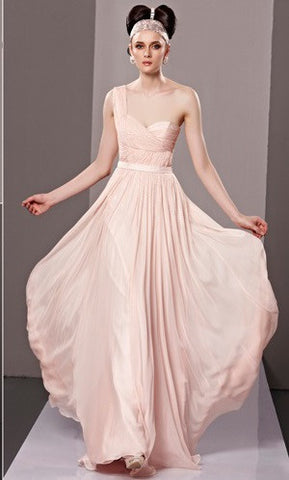 Blush Pink Grecian One Shoulder Prom Formal Evening Dress CX881308