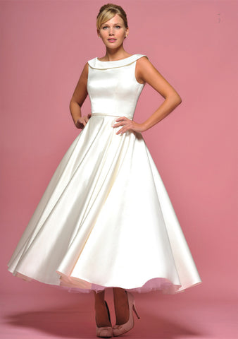 Retro 50s Tea Length Wedding Dress with Boat Neck and V Back | DV2061