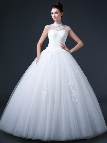 Lace Princess Debutante Ball Gown Wedding Dress with Mandarin Collar and Keyhole Back CC3008