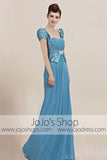 Shimmery Blue Cap Short Sleeves Low Back Pageant Evening Cocktail Dress CX830011