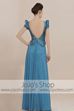 Shimmery Blue Cap Short Sleeves Low Back Pageant Evening Cocktail Dress CX830011