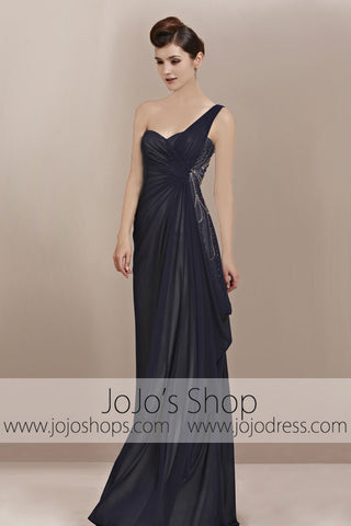 Navy Blue Grecian One Shoulder Goddess Military Evening Cocktail Dress CX830020