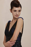 Midnight Navy Blue Elegant Low Back Pageant Black Tie Evening Cocktail Dress CX830091