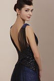 Midnight Navy Blue Elegant Low Back Pageant Black Tie Evening Cocktail Dress CX830091