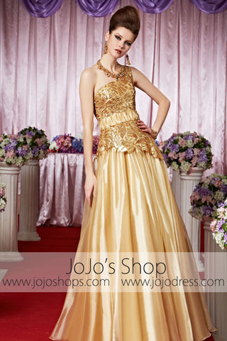 Gold Grecian One Shoulder Classy Elegant Prom Formal Evening Dress CX830318