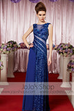 Royal Blue Sparkly Jewel Neck Modest Elegant Prom Formal Evening Dress CX830331