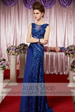 Royal Blue Sparkly Jewel Neck Modest Elegant Prom Formal Evening Dress CX830331