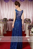 Royal Blue Sparkly Jewel Neck Modest Elegant Prom Formal Evening Dress CX830331