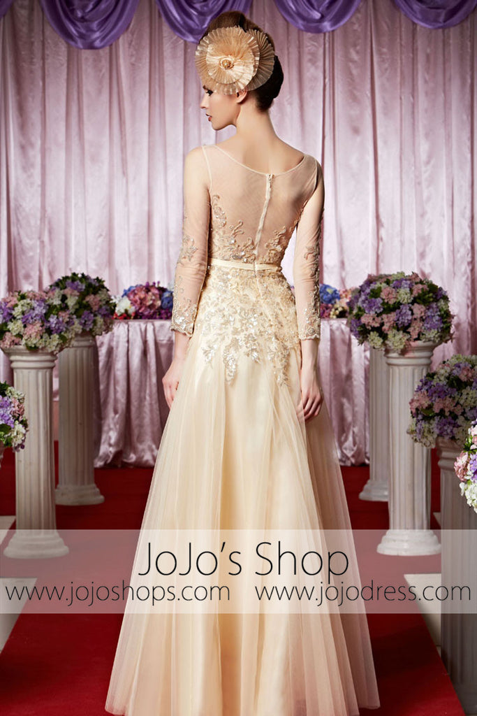 Champagne Modest Long Sleeves Lace Elegant Prom Formal Evening Dress C jojos Champagne Modest Long Sleeves Lace Elegant Prom Formal Evening Dress C jojos