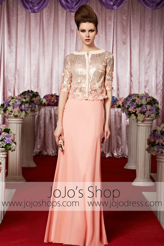 Pink Modest Long Sleeves Shimmery Elegant Prom Formal Evening Dress CX830386