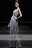 Grecian V Neck Silver Gray Jeweled Formal Prom Home Coming Pageant Dress