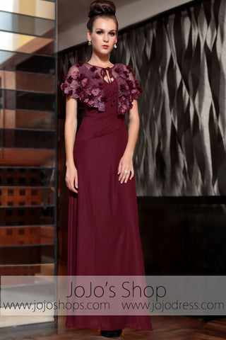 Burgundy Red Modest Floral Prom Evening Formal Dress DQ830830