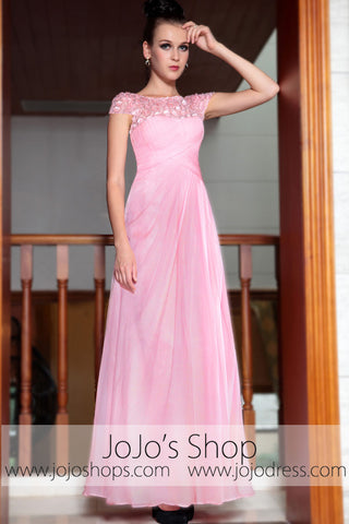 Pink Modest Cap Sleeves Chiffon Long Prom Evening Formal Dress DQ830842