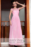 Pink Modest Cap Sleeves Chiffon Long Prom Evening Formal Dress DQ830842