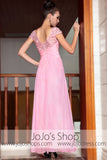 Pink Modest Cap Sleeves Chiffon Long Prom Evening Formal Dress DQ830842