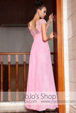 Pink Modest Cap Sleeves Chiffon Long Prom Evening Formal Dress DQ830842