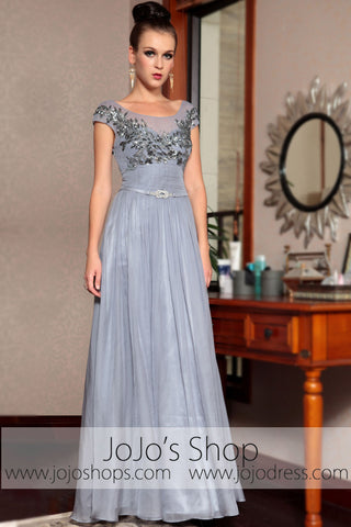 Gray Silver Cap Sleeves Modest Long Prom Evening Formal Dress DQ830852