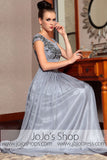 Gray Silver Cap Sleeves Modest Long Prom Evening Formal Dress DQ830852