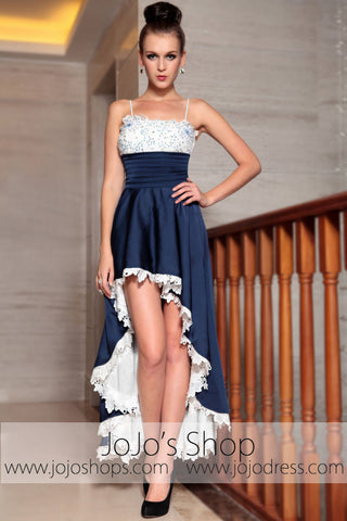 Thin Strap Hi Low Navy Military Ball Prom Evening Formal Dress DQ830872