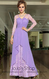 Grecian Purple Long Sleeves Formal V Neck Prom Evening Cocktail Dress DQ830879