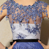 Elegant Blue Floral Jeweled Neck Formal Prom Evening Cocktail Dress DQ830889