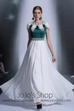 Modest Green And White Chiffon Formal Prom Dress DQ830906