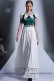 Modest Green And White Chiffon Formal Prom Dress DQ830906