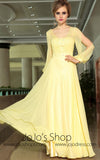 Yellow Chiffon Modest Daisy Long Sleeve Formal Prom Evening Cocktail Dress DQ830911