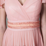 Pink V Neck Grecian Formal Prom Dress With Short Sleeves DQ830943