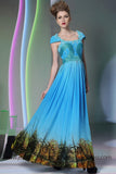 Blue Cap Sleeves Printed Formal Prom Evening Dress DQ830963