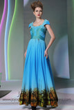 Blue Cap Sleeves Printed Formal Prom Evening Dress DQ830963